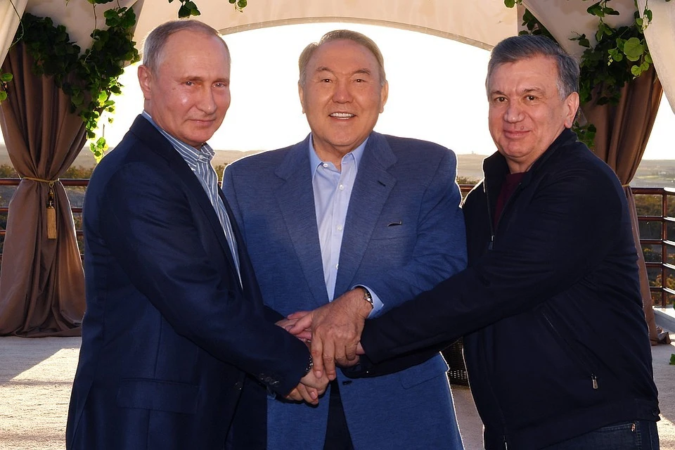 Владимир Путин, Нурсултан Назарбаев и Шавкат Мирзиёев. Фото: пресс-служба президента Казахстана