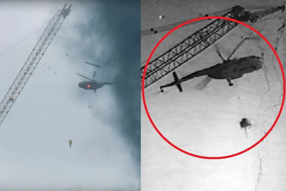 Падение вертолета в Чернобыле сняли новосибирские документалисты (кадр справа). Эта сцена вошла и в сериал от HBO и Sky (кадр слева).