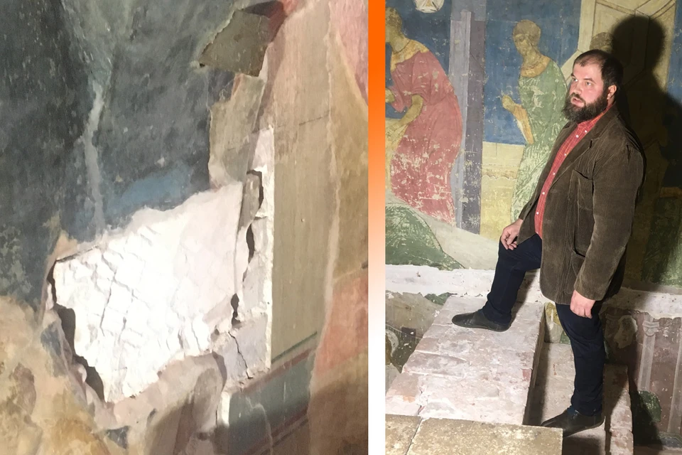 Хранитель Успенского собора Алексей Барков показывает нижнюю часть фрески.