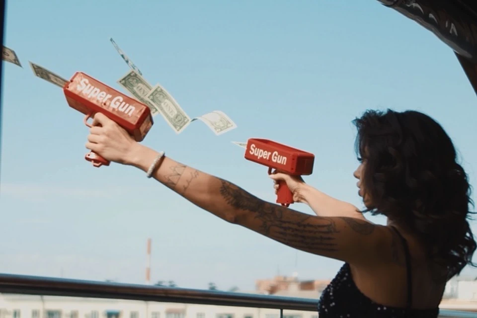 Девушка стреляет долларами. Фото: island23.ru
