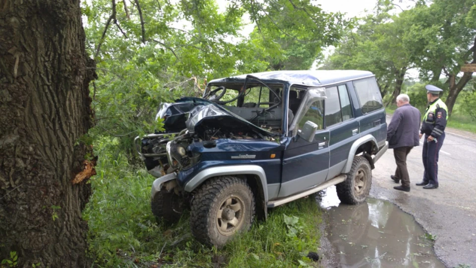 Toyota Land Cruiser Prado после столкновения на дороге врезался в дерево. Фото: пресс-служба ОМВД России по городу Уссурийску