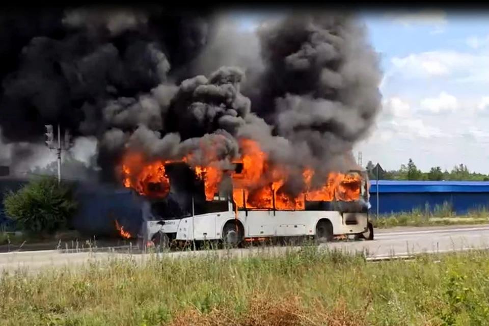 Рейсовый автобус сгорел дотла в Новокузнецке. ФОТО: кадр видео Александра Степанова