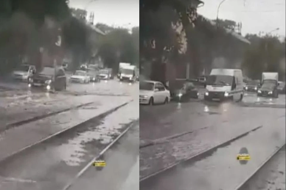 На улице Мира из-за дождя случился настоящий потоп. Фото: Кадр из видео