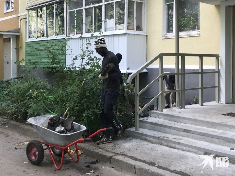 Экзотическая бригада убирала строительный мусор.