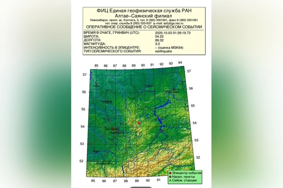 В Кузбассе снова произошло землетрясение. Фото: Единая геофизическая служба РАН Алтае-Саянского филиала