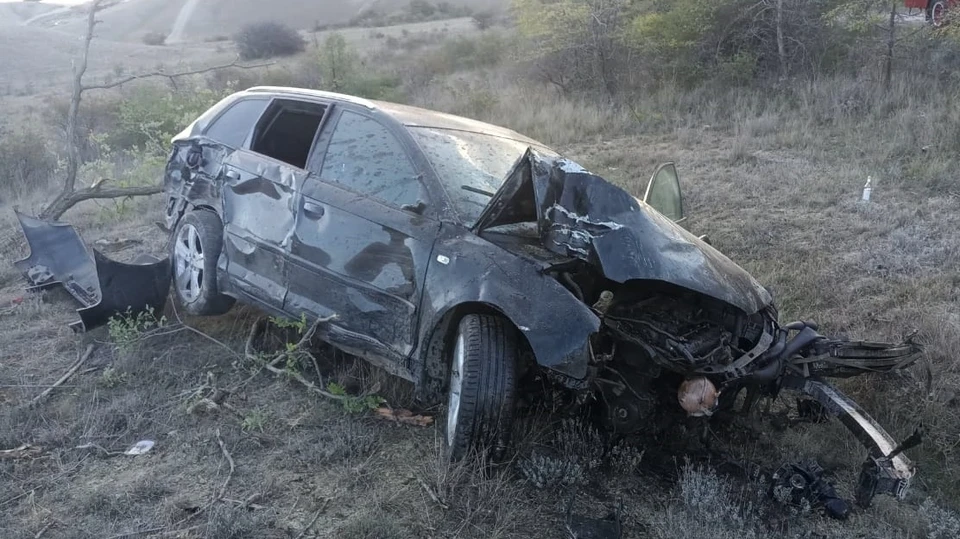 Водитель иномарки на скорости врезался в дерево в районе Феодосии. Фото: официальный сайт МЧС по Крыму.