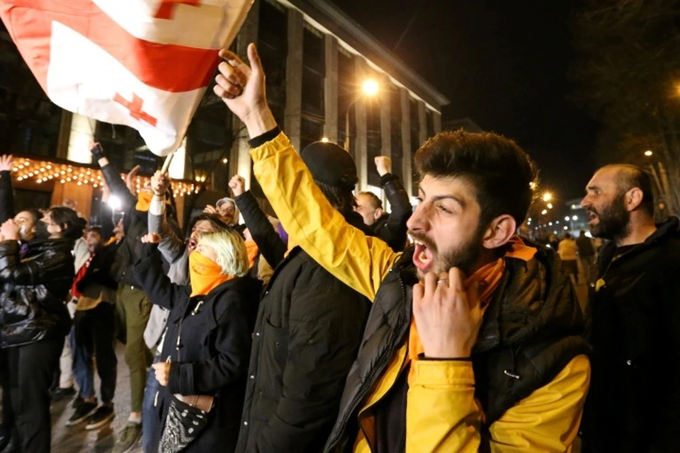 Протест возле гостиницы в Тбилиси, где остановился Владимир Познер