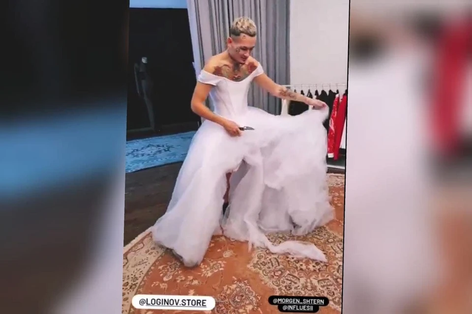 Моргенштерн разорвал на себе свадебное платье красноярского дизайнера. Скрин из видео loginov.store