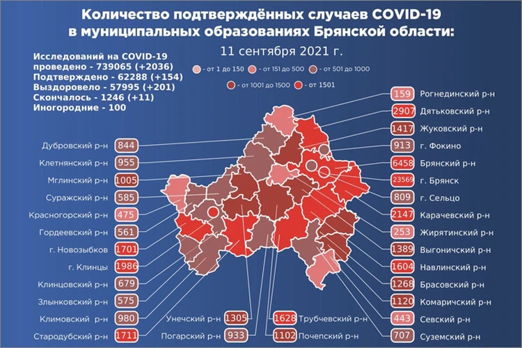 Карта распространения коронавируса в Брянской области на 11 сентября 2021 года