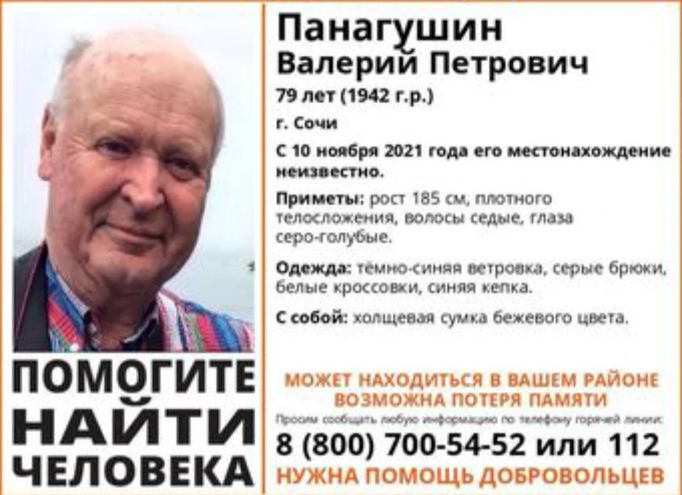 Профессор-экономист с болезнью Альцгеймера пропал в Сочи Фото: поисковый отряд "ЛизаАлерт"