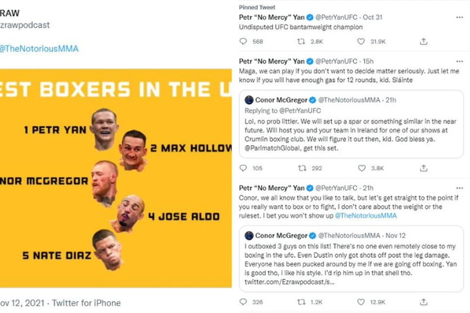Экс-чемпион UFC из Красноярского края Петр Ян в Twitter вызвал на бой Конорра Макгрегора. Фото: скрин-шот Twitter