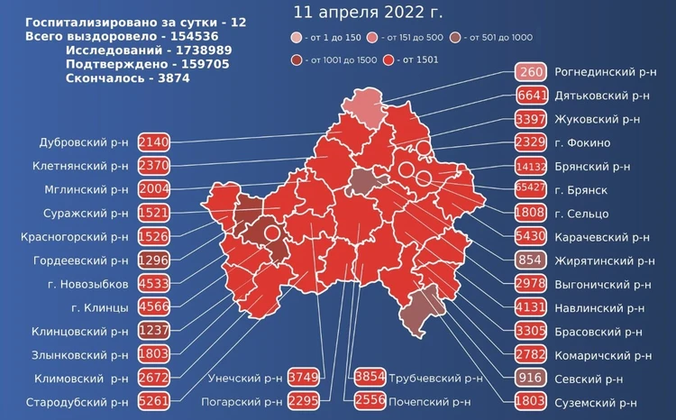 Карта распространения коронавируса в Брянской области на 11 апреля 2022 года