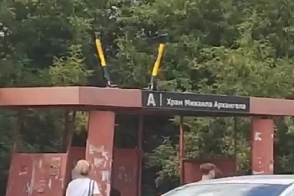 Новосибирцы припарковали электросамокаты на крыше остановки. Фото: стоп-кадр.