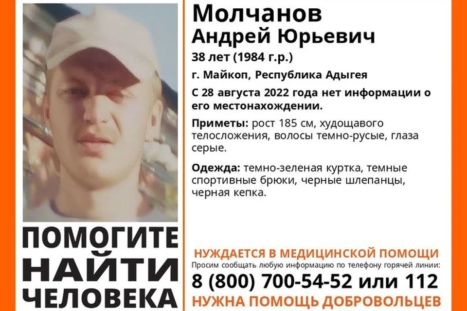 Разыскивается Андрей Молчанов. Фото: https://t.me/lizaalert01