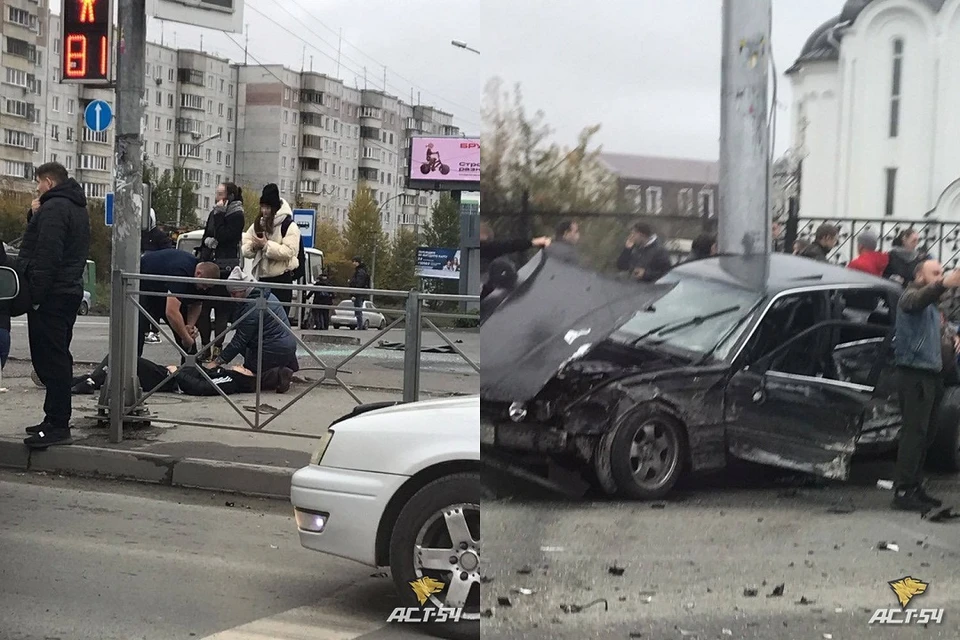 В Новосибирске BMW вылетел на тротуар и врезался в столб после жёсткого столкновения с минивэном. Фото: "АСТ-54".