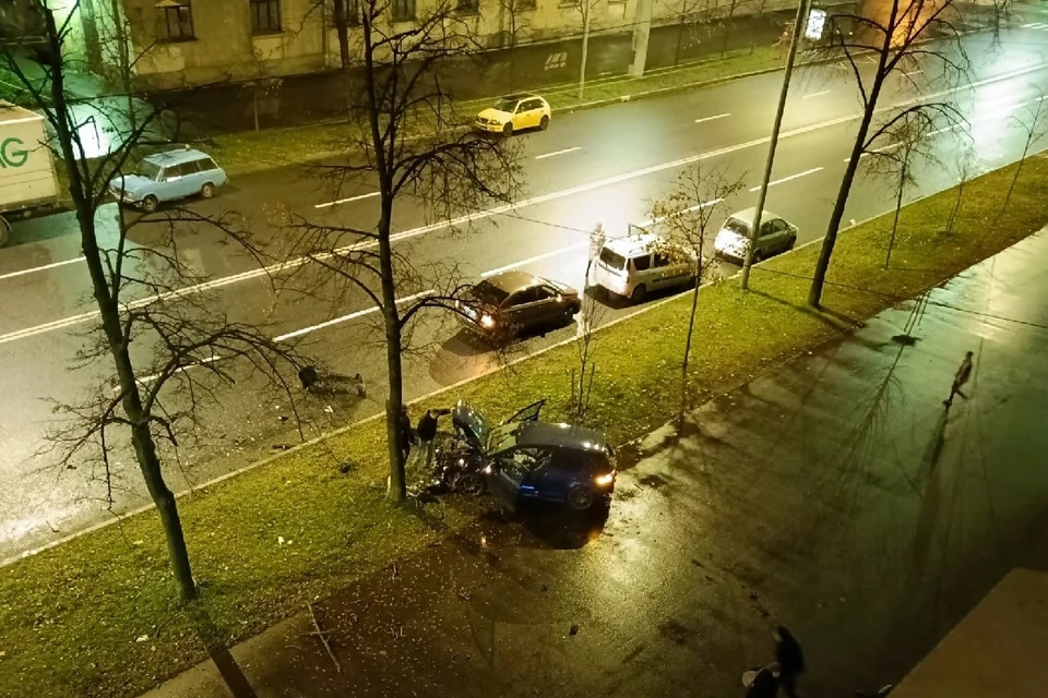 На Краснопутиловской иномарка протаранила дерево. Фото: vk.com/spb_today