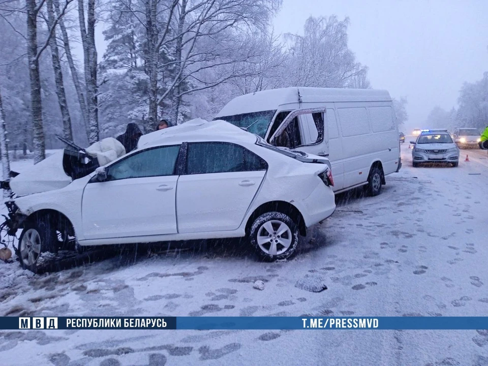 Под Молодечно два человека погибли в ДТП легкового автомобиля и микроавтобуса. Фото: телеграм-канал МВД Беларуси