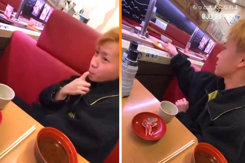На одном из скандальных видео японский подросток облизывает пальцы, а затем начинает дотрагиваться до блюд на суши-конвейере.