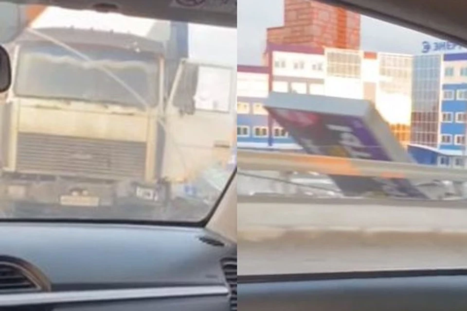 На Димитровском мосту в Новосибирске, где фура протаранила ограждение и снесла рекламный щит. Фото: читатели КП-Новосибирск