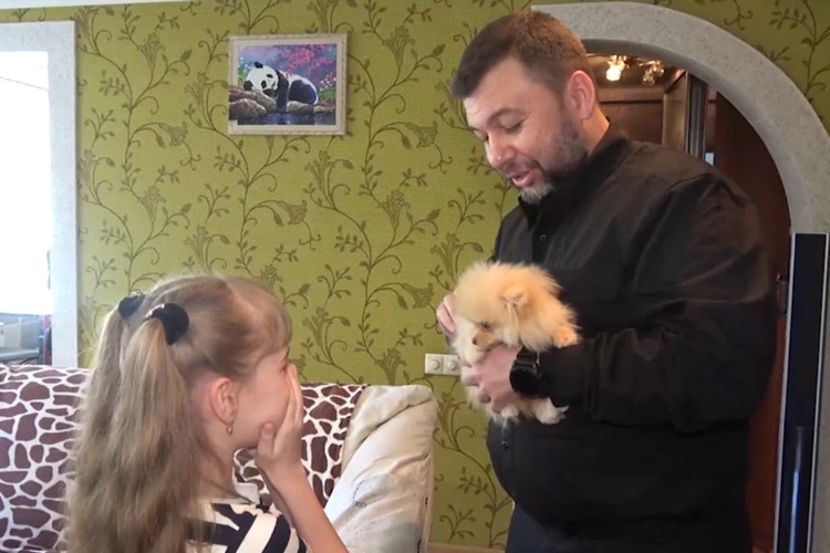 Денис Пушилин передал девочке из Енакиево щенка померанского шпица, подаренного Владимиром Путиным