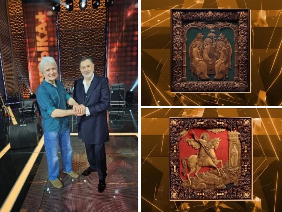 Щитов и Ярмоленко дружат 52 года. Справа - резные иконы экс-музыканта белорусского ансамбля. Фото: соцсети, кадры видео