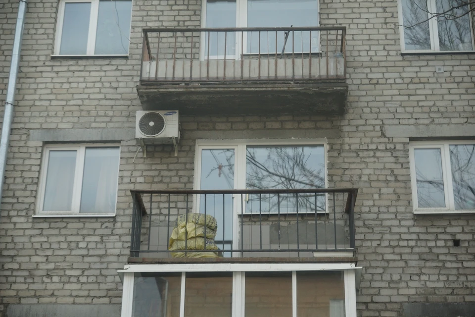 Девочка забралась на подоконник и облокотилась на москитную сетку