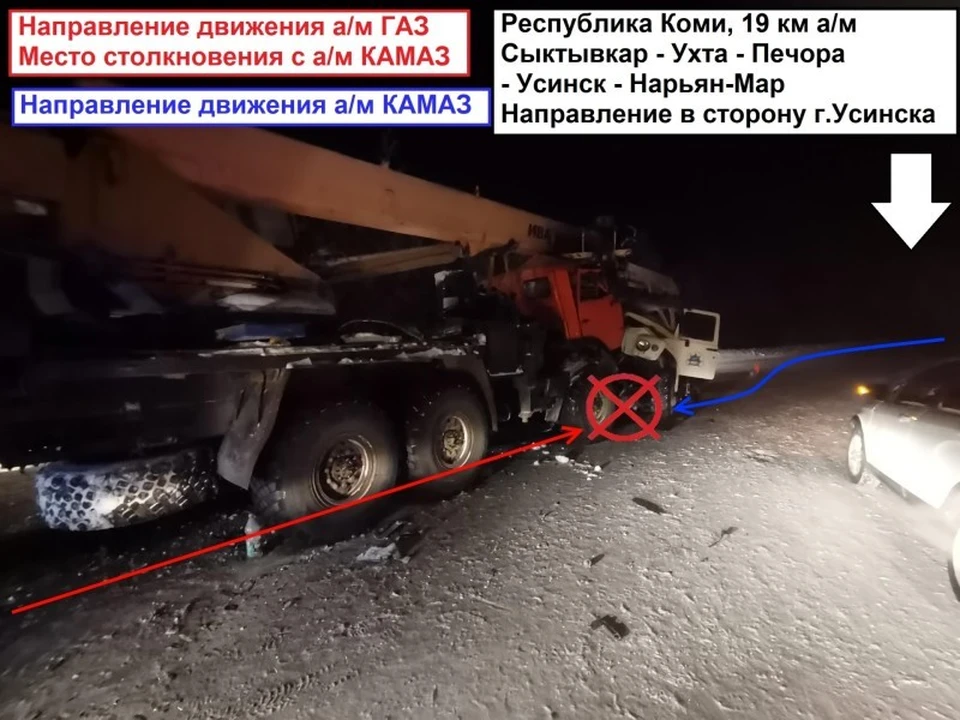 Под Усинском водитель ГАЗ врезался в КамАЗ. Фото: ГИБДД по РК.