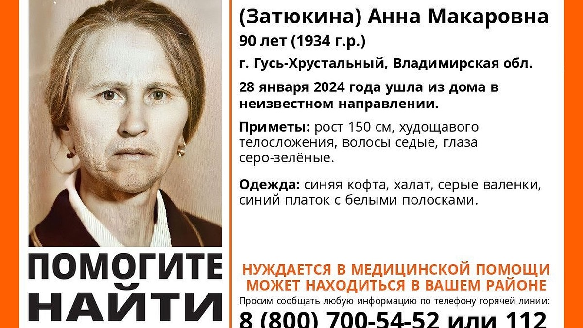 В Гусь-Хрустальном разыскивается без вести пропавшая 90-летняя женщина -  KP.RU