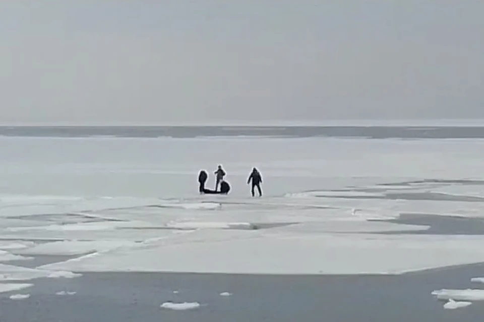 Дети вышли погулять по замерзшему морю.