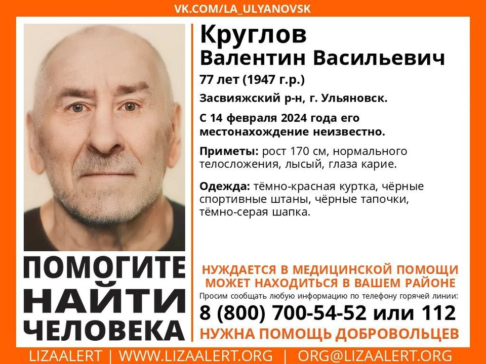 В Ульяновске ищут пожилого жителя Засвияжского района, пропавшего 14 февраля. Фото Лиза Алерт
