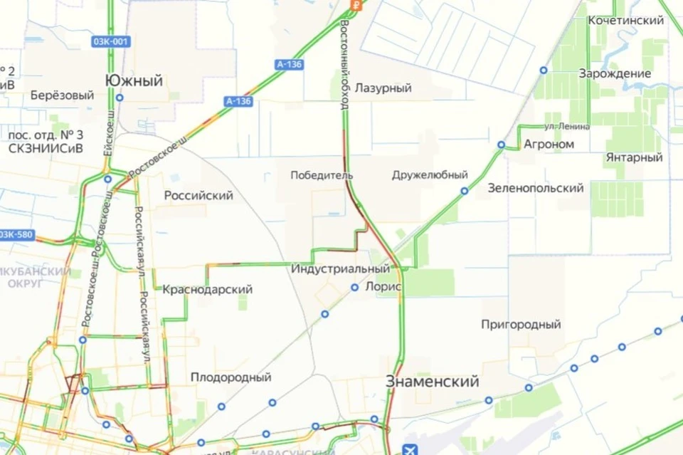 Восточный обход Краснодара сковали пробки 3 апреля Фото: «Яндекс.Карты»