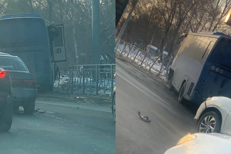 В Новосибирске автобус въехал в забор на остановке «Завод Сибиар». Фото: предоставлено очевидцами