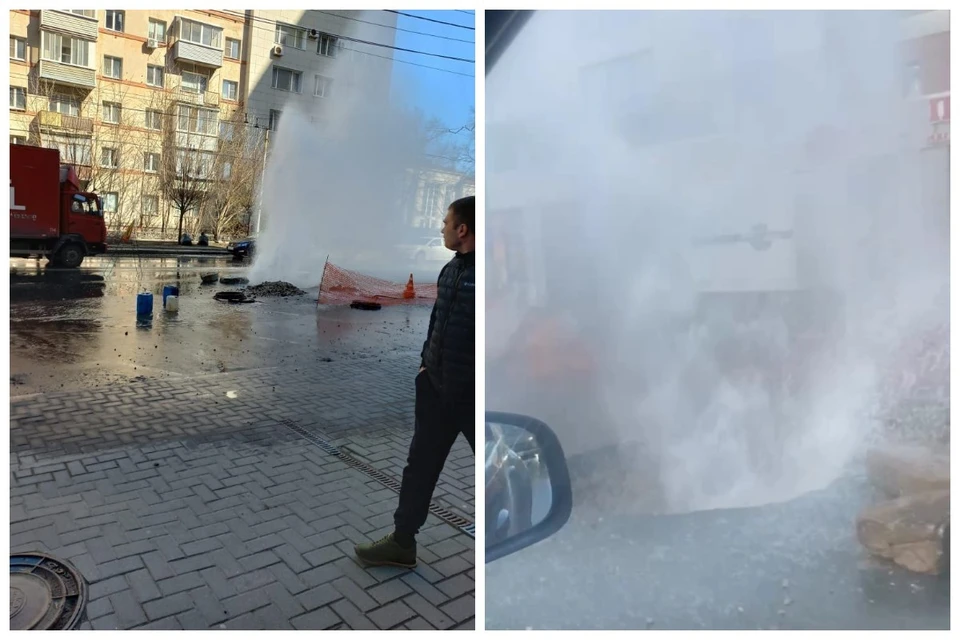 Появилось видео, снятое вблизи бьющего из-под дороги в центре Рязани фонтана.