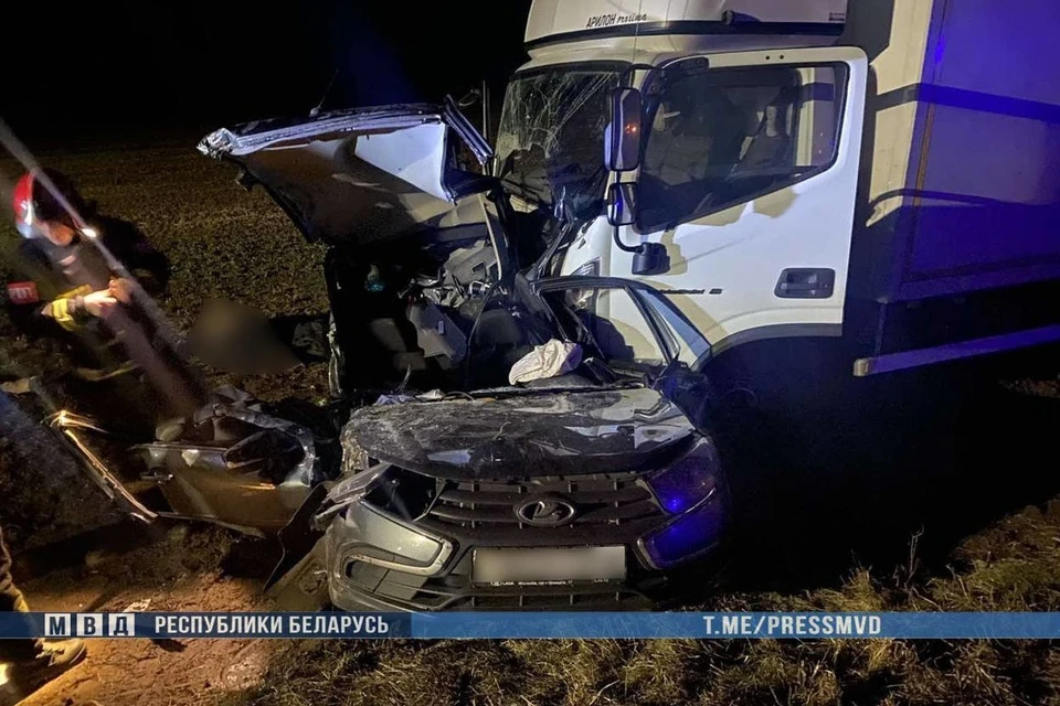 Лобовое ДТП с легковым авто и грузовиком случилось в Гомельской области, два человека погибли. Фото: телеграм-канал МВД Беларуси
