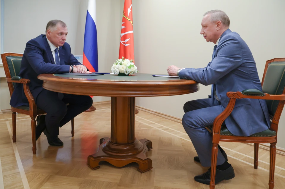Александр Беглов встретился с Маратом Хуснуллиным в Петербурге. Фото: Смольный