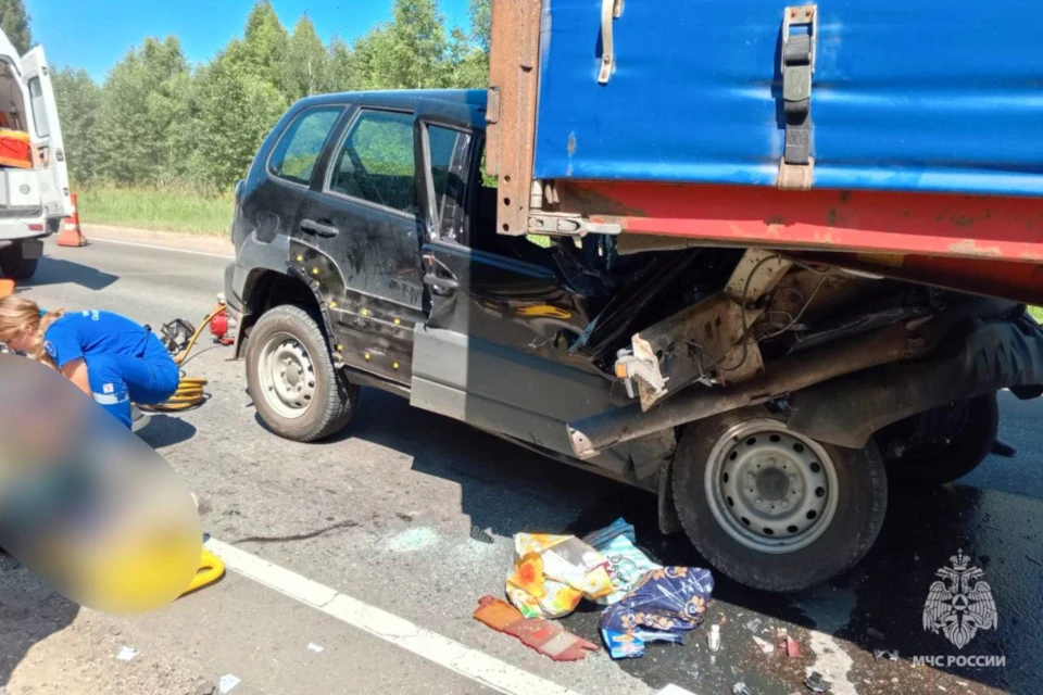 В Тверской области джип протаранил фуру. Водитель Niva погиб. Фото: телеграм-канал ГУ МЧС по Тверской области.