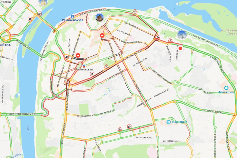 Огромные пробки сковали центр Нижнего Новгорода. Фото: Яндекс. Пробки.