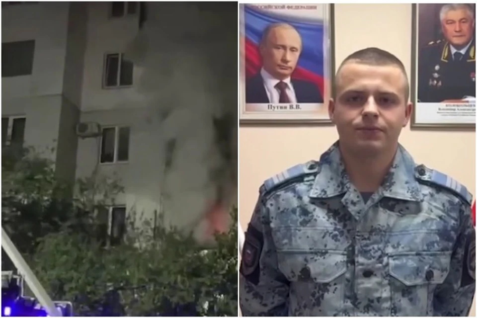 В Армянске сотрудник полиции Антон Кучкин вместе с коллегами потушил пожар в многоэтажном доме. Фото: кадр видео МВД МЕДИА/Tg