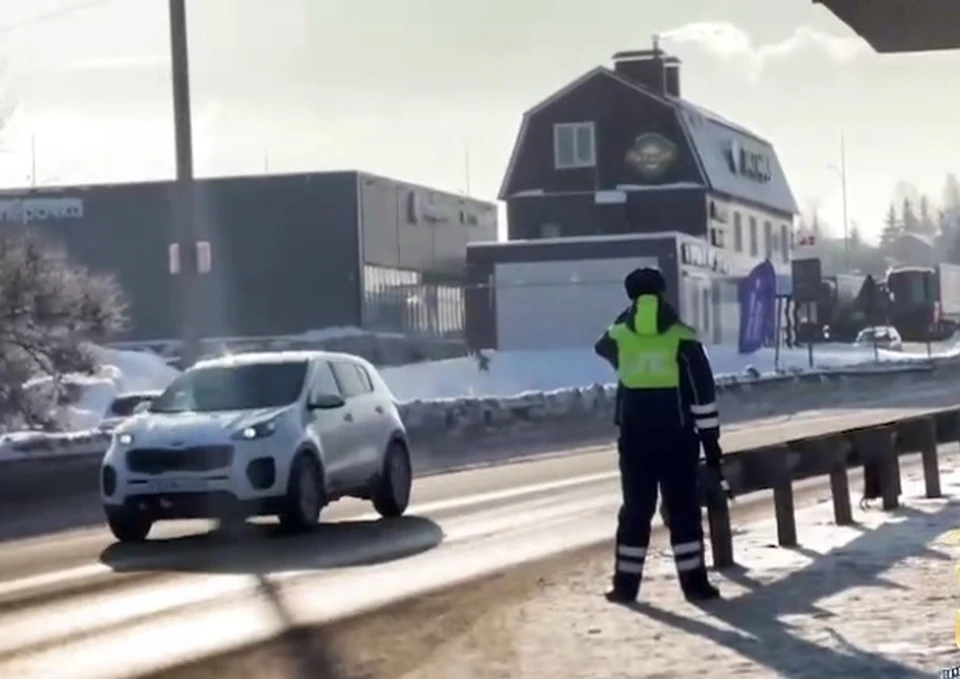 Машина с роженицей остановилась возле поста ДПС, где девушки попросили инспекторов о помощи. Фото: скриншот видео МВД Татарстана.