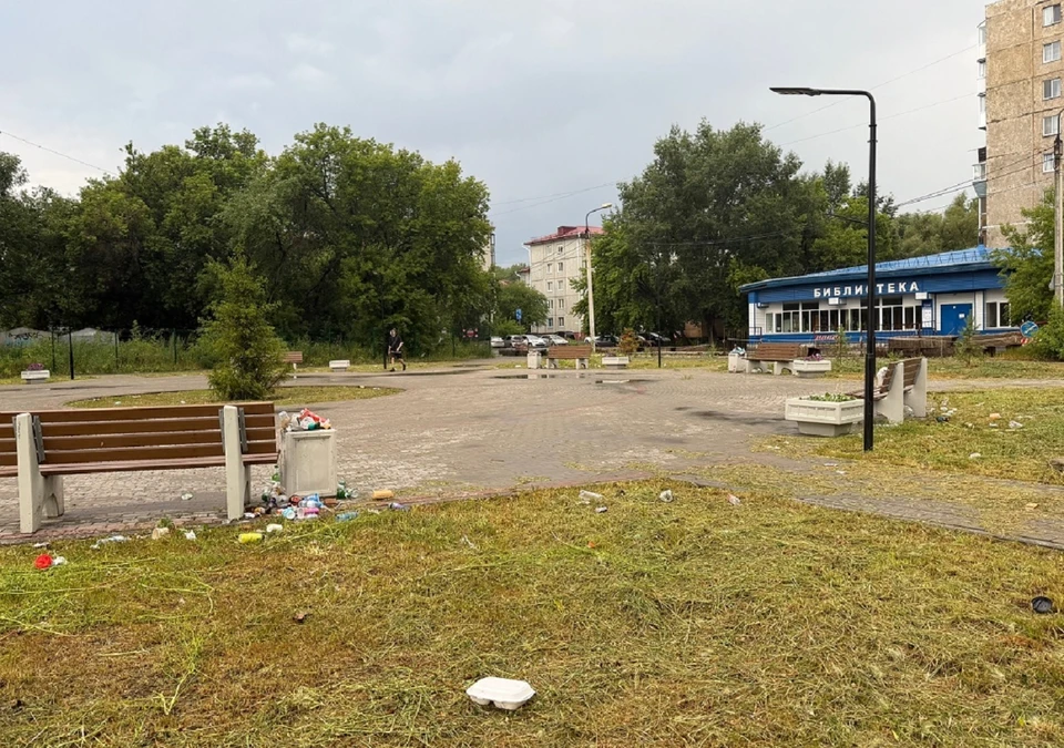 Урны крохотного сквера забиты мусором, и судя по сообщению чиновников САО, он может пролежать еще месяц. Фото: официальная страница губернатора Омской области В.П. Хоценко в соцсети «ВКонтакте»