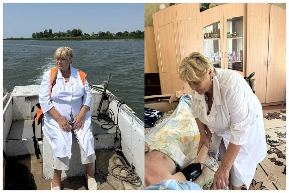 Анна Павловна добирается до своих пациентов в лодке.