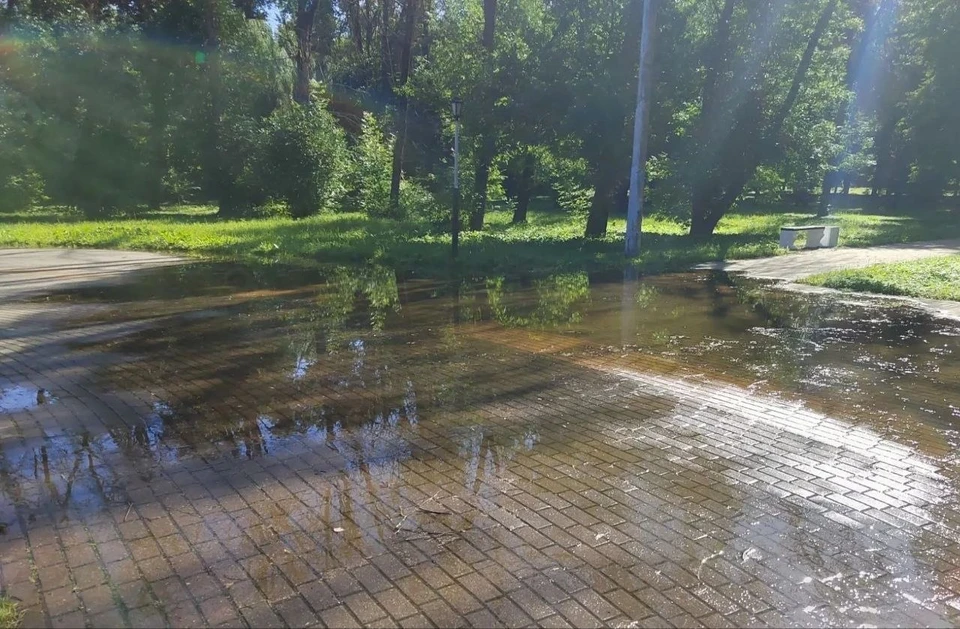 В сквере Кирюхина в Калуге уже вторую неделю течёт вода.