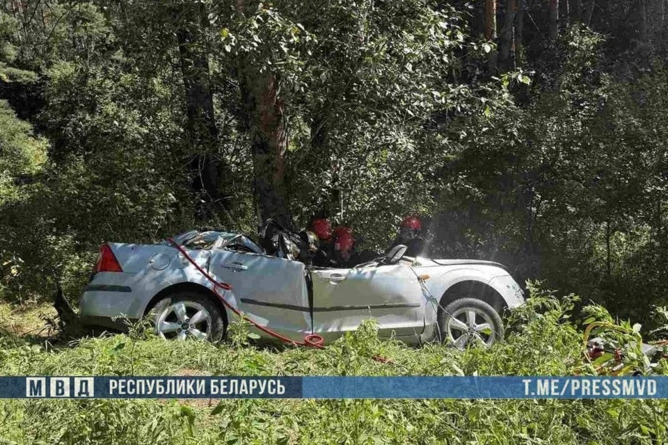 В Столбцовском районе авто врезалось в дерево и опрокинулось, два человека погибли. Фото: телеграм-канал МВД Беларуси