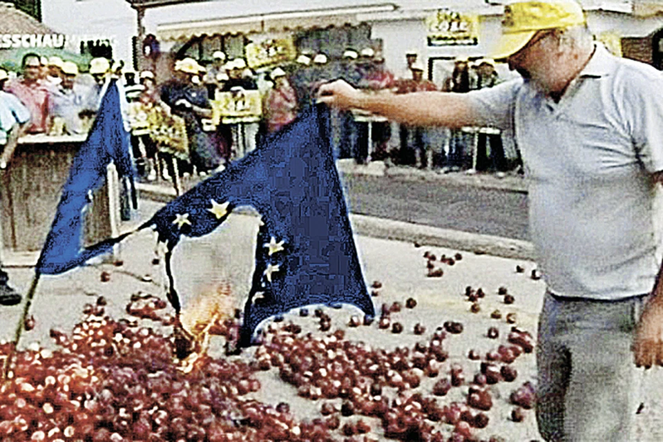 Новые реалии наших дней: испанцы сжигают флаги ЕС на фоне выброшенных за ненадобностью персиков...
</br>Фото: youtube.ru