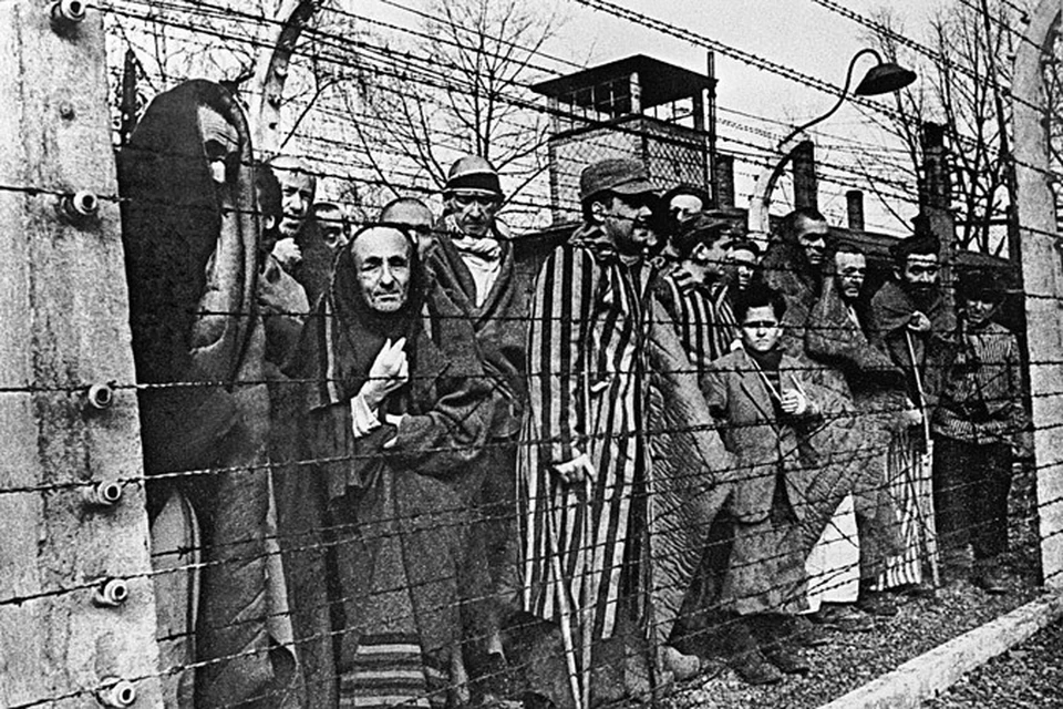 Заключенные концлагеря Освенцим смотрят в объектив из-за колючей проволоки.