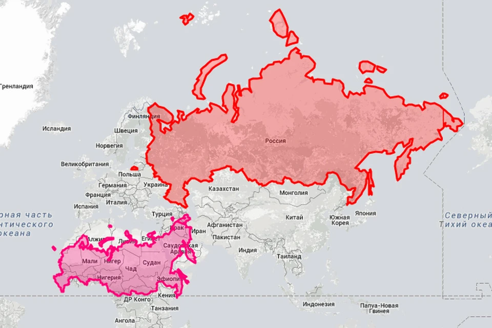 Как Россия на самом деле выглядит на карте, и как ее рисовали бы, если бы она находилась в Африке Фото: thetruesize.com