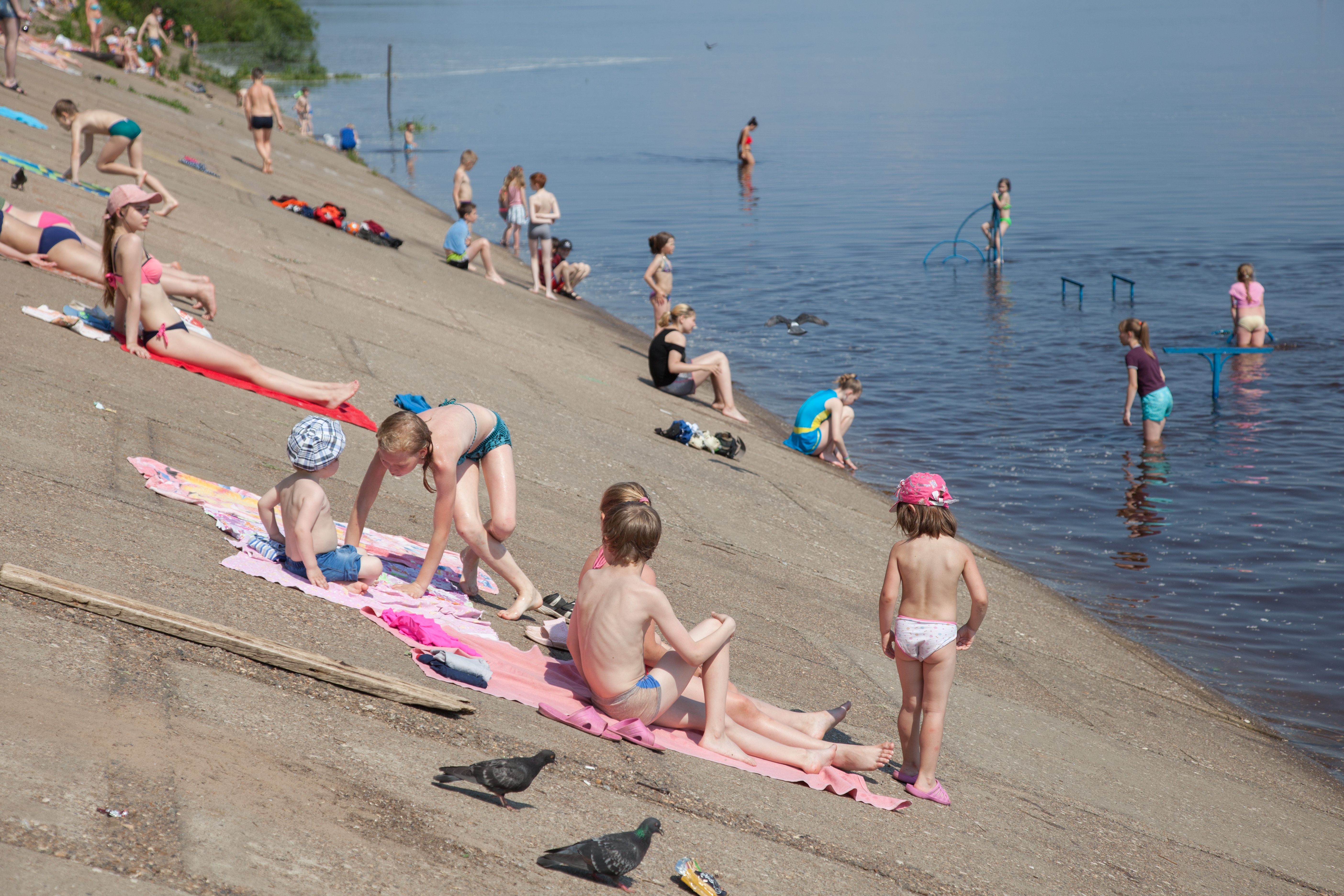 Пока уровень воды не опустился, пермяки загорают на бетонных плитах
