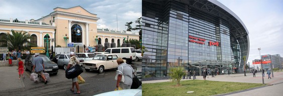 На фото слева - железнодорожный вокзал в Адлере еще 20 лет назад, фото справа - нынешний