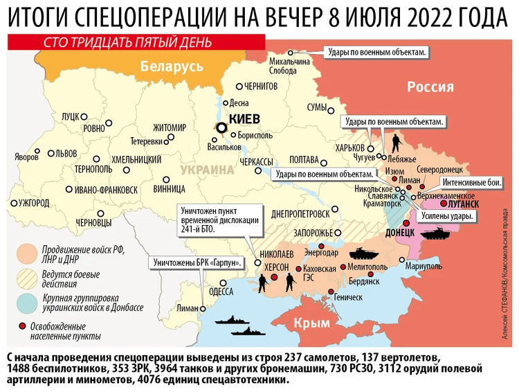 Карта боевых действий на Украине на 8 июля 2022: бои в ДНР и уничтожениепоследних подарков Бориса Джонсона - KP.RU