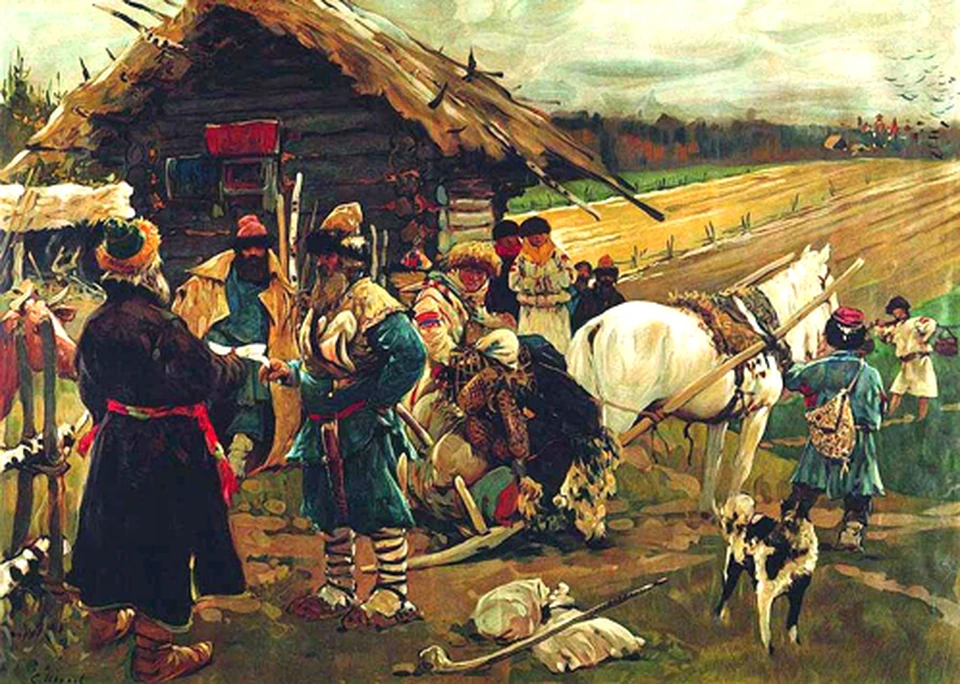 Картина Сергея Иванова «Юрьев день», 1909 г. Это был единственный день в году, когда зависимые крестьяне могли переходить от одного владельца к другому